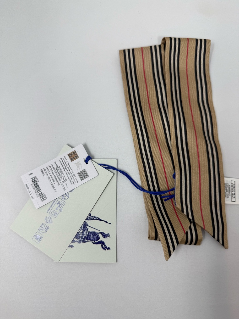 Burberry Tan Striped twilly with Black and Red Accents